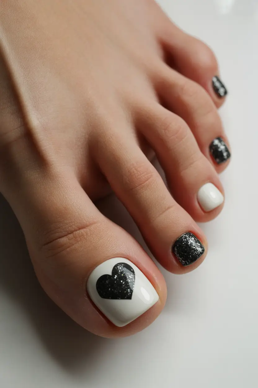 spring toe nail color Minimal Black And White Heart Pedicure With Sparkle