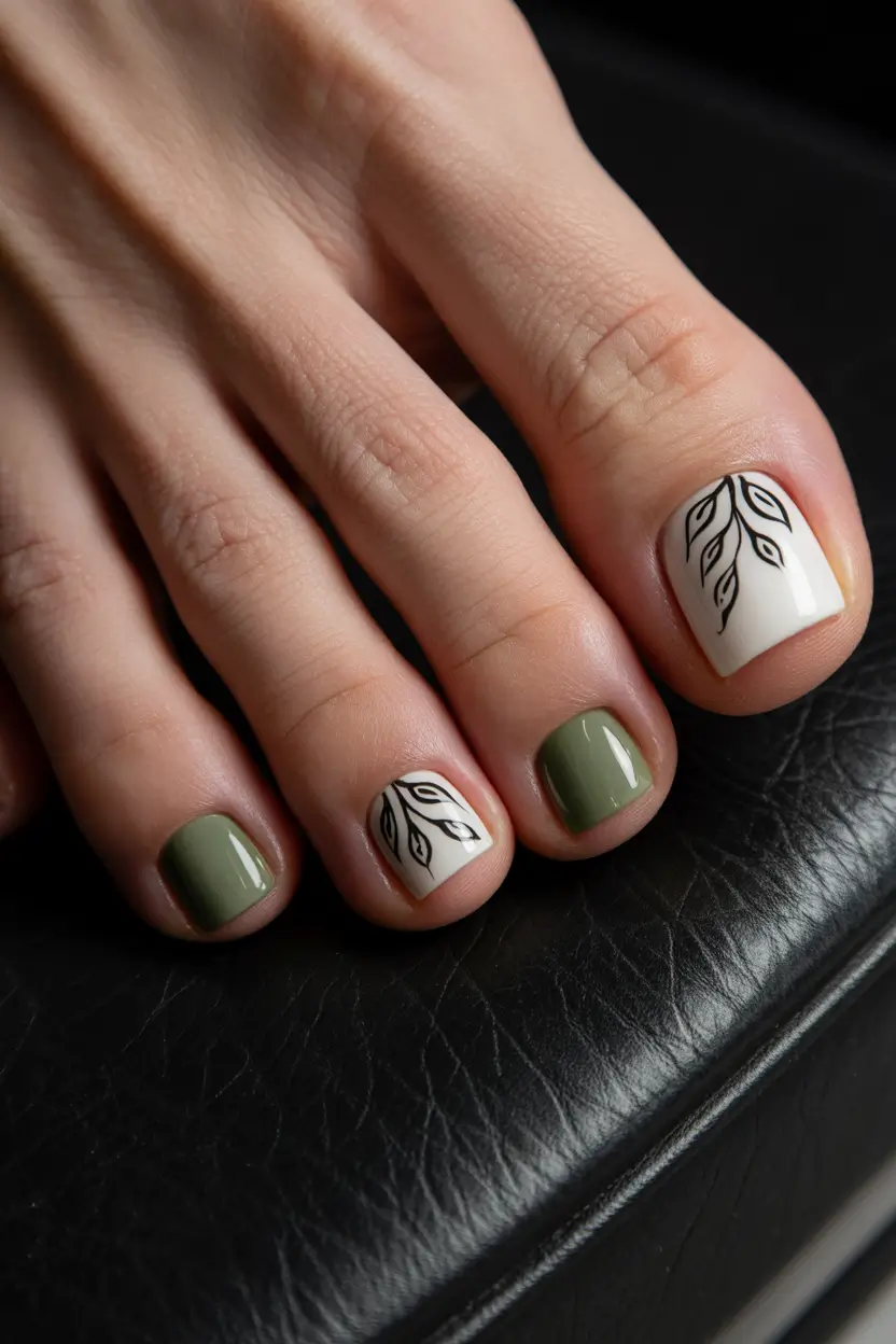 spring toe nail color Olive Green Pedicure With Minimal Botanical Line Art