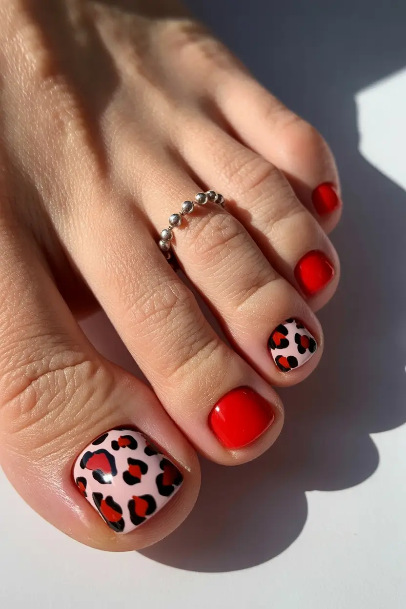 spring toe nail color Playful Red Pedicure With Modern Leopard Accent