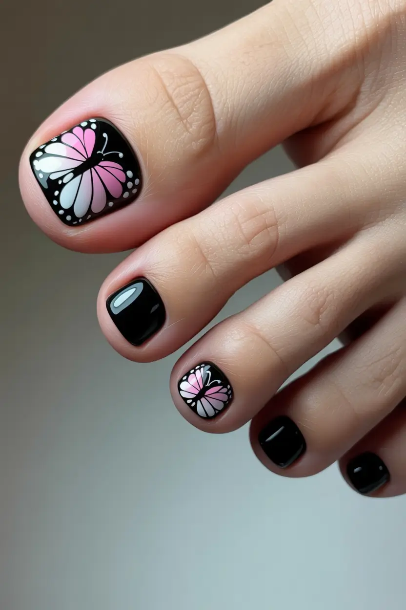 spring toe nail color Black Pedicure With Soft Pink Butterfly Nail Art