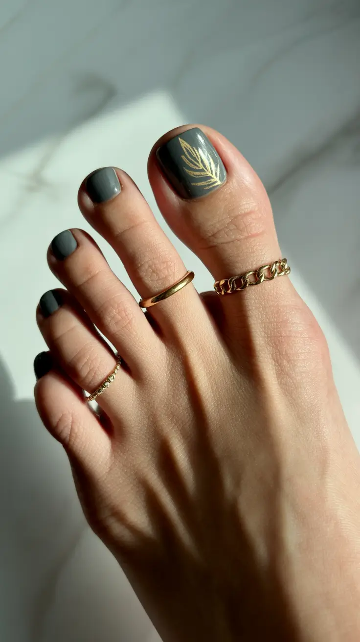 spring toe nail color Muted Sage Pedicure With Minimal Gold Leaf Detail