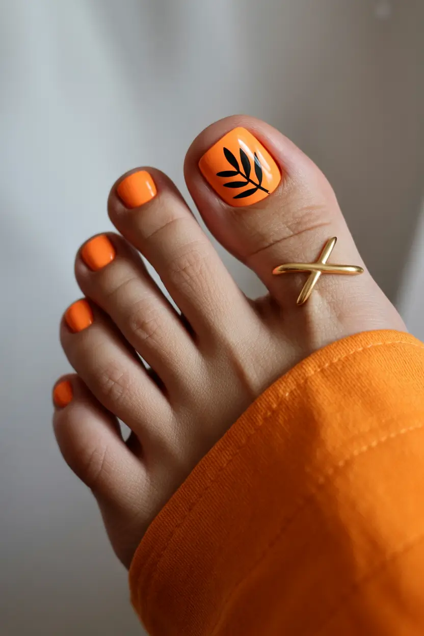 spring toe nail color Bright Orange Pedicure With Modern Botanical Accent
