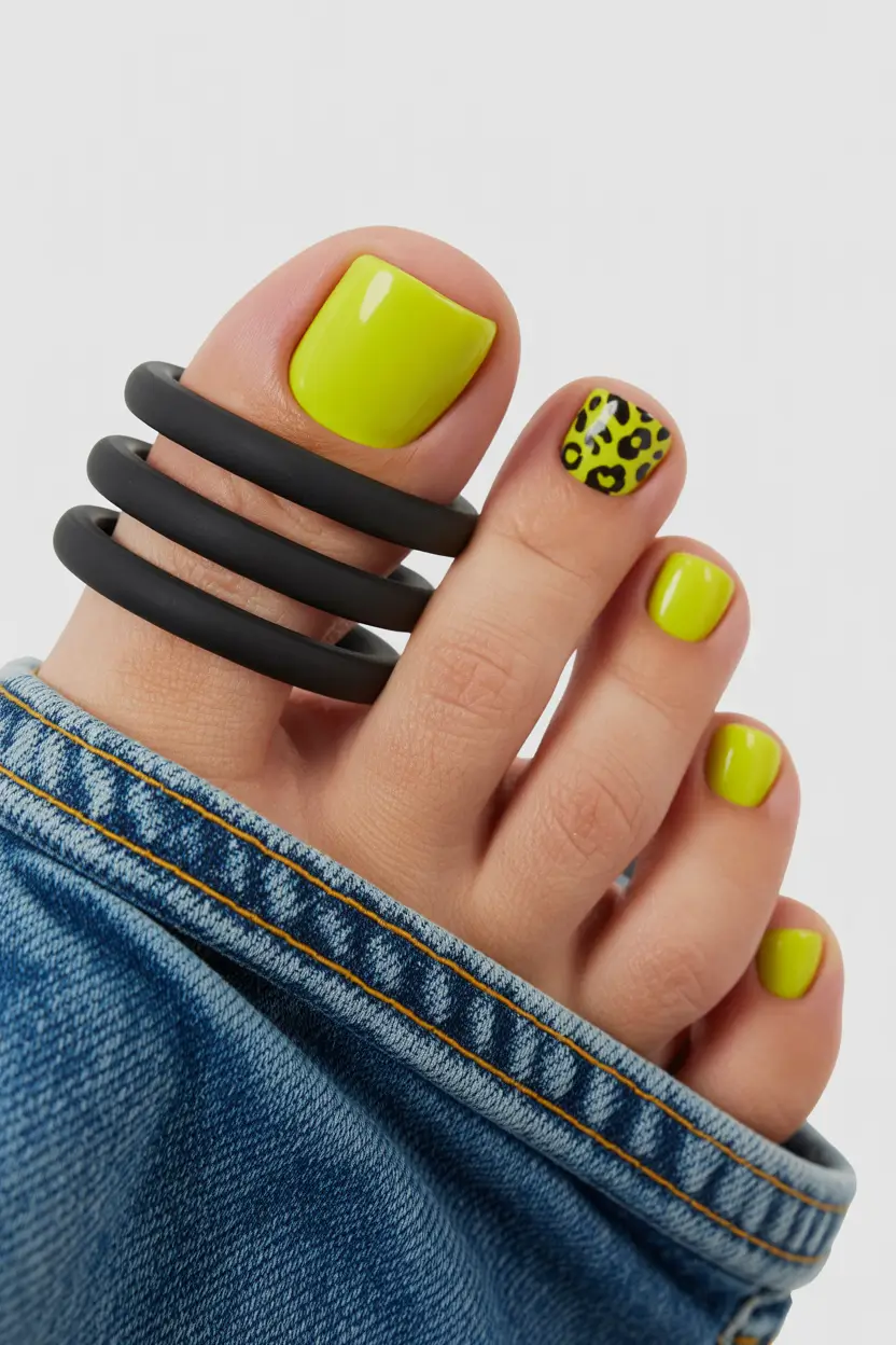 spring toe nail color Electric Lime Pedicure With Playful Leopard Accent