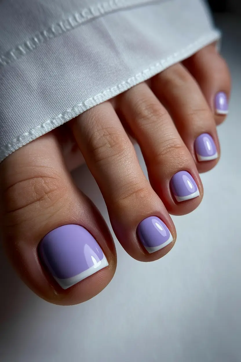 spring toe nail color Soft Lavender Pedicure With A Delicate French Detail
