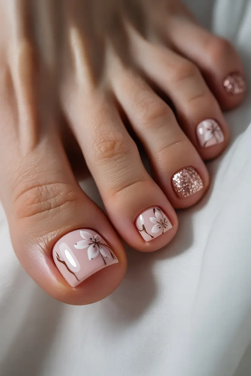 spring toe nail color Delicate Nude Pedicure With Floral Spring Nail Art