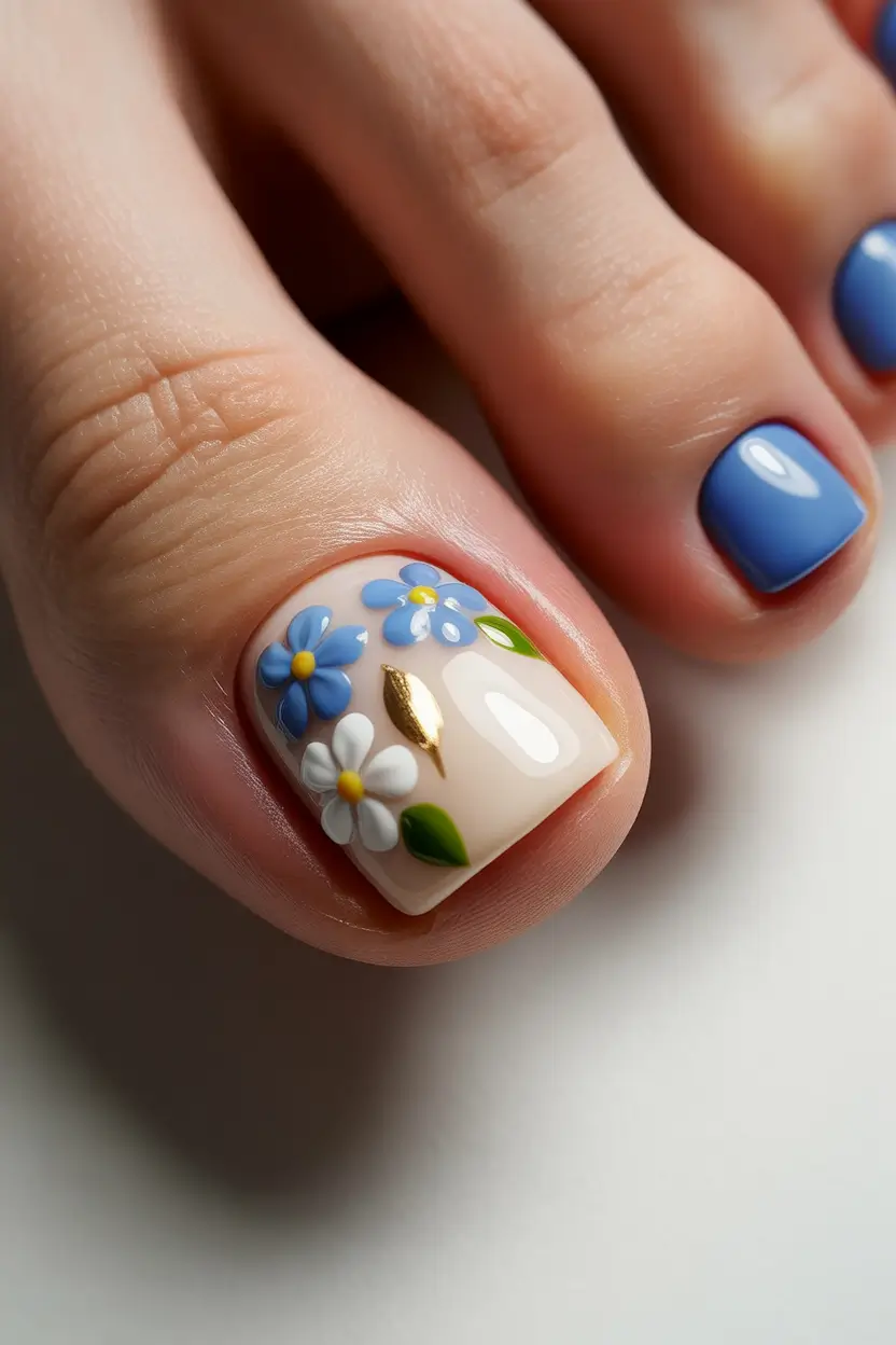 spring toe nail color Blue Floral Accent Pedicure With Fresh Botanical Details