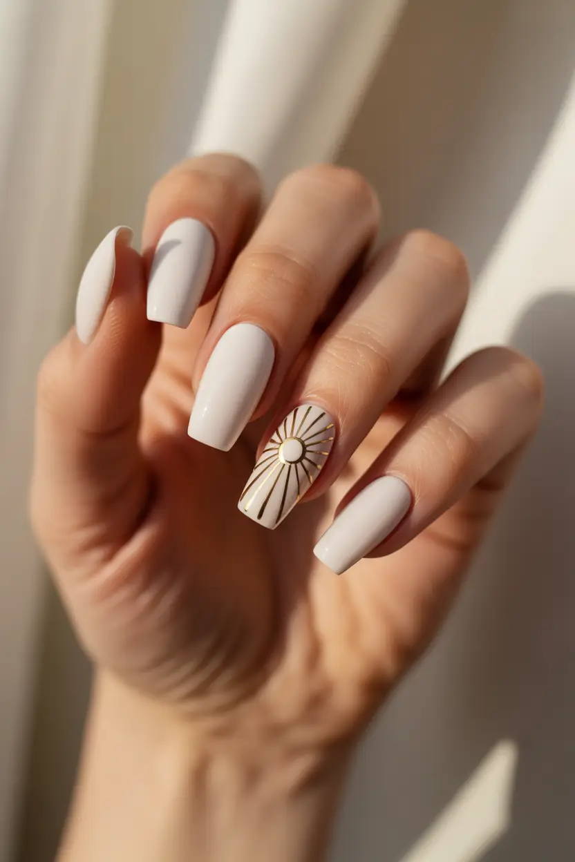 white spring nails Minimalist White Nails with Golden Sun Accent