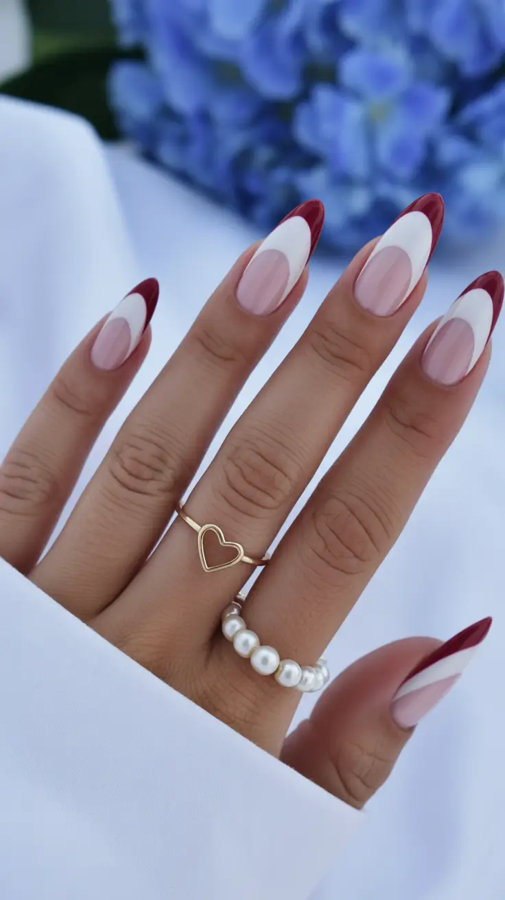 white spring nails Bold Burgundy and White Almond French Tips