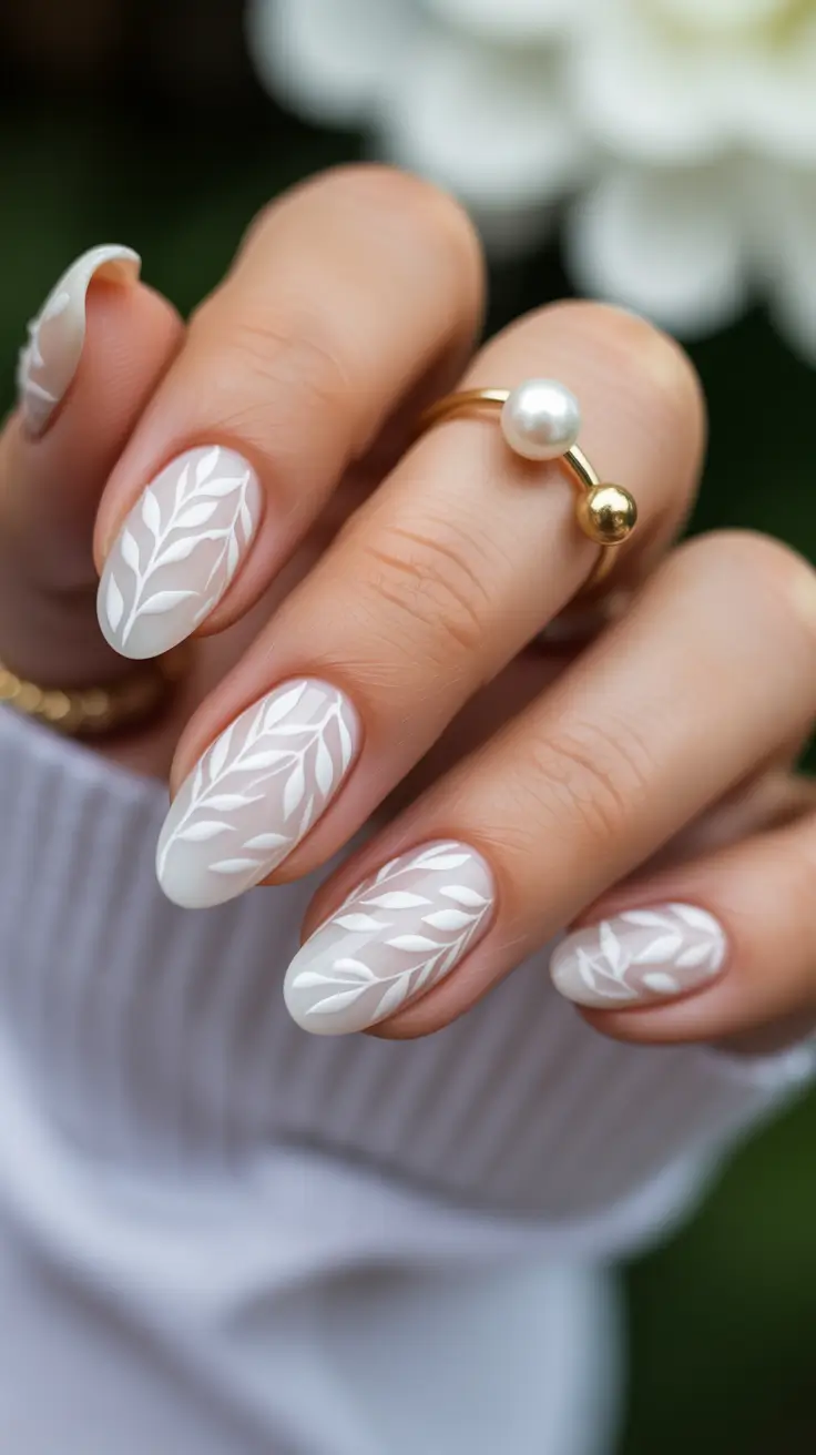 white spring nails Soft Milky White Botanical Leaf Nails