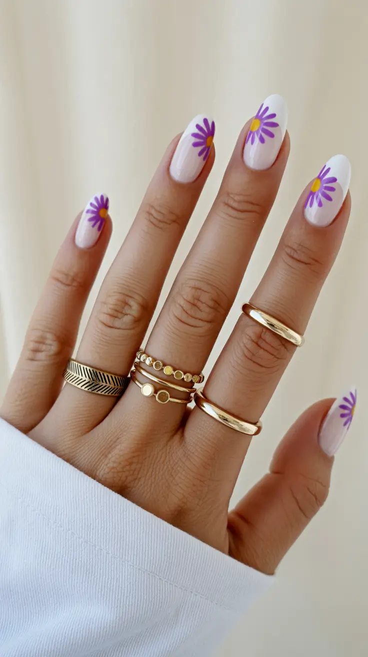 white spring nails White Nails with Purple Daisy Flowers