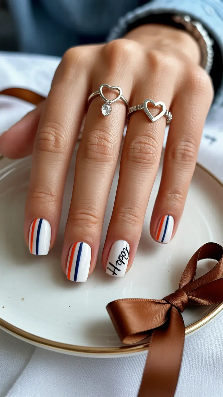 white spring nails Short White Nails with Colorful Striped Accents