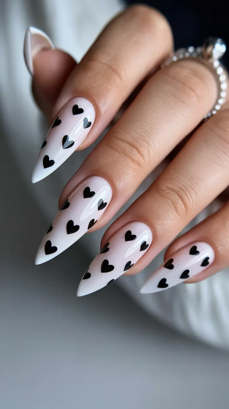 white spring nails Almond White Nails with Black Heart Pattern
