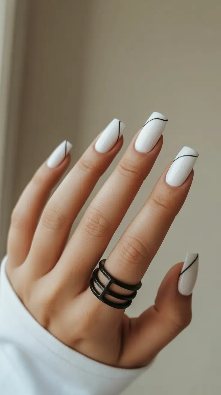 white spring nails Minimal Square White Nails with Black Graphic Line