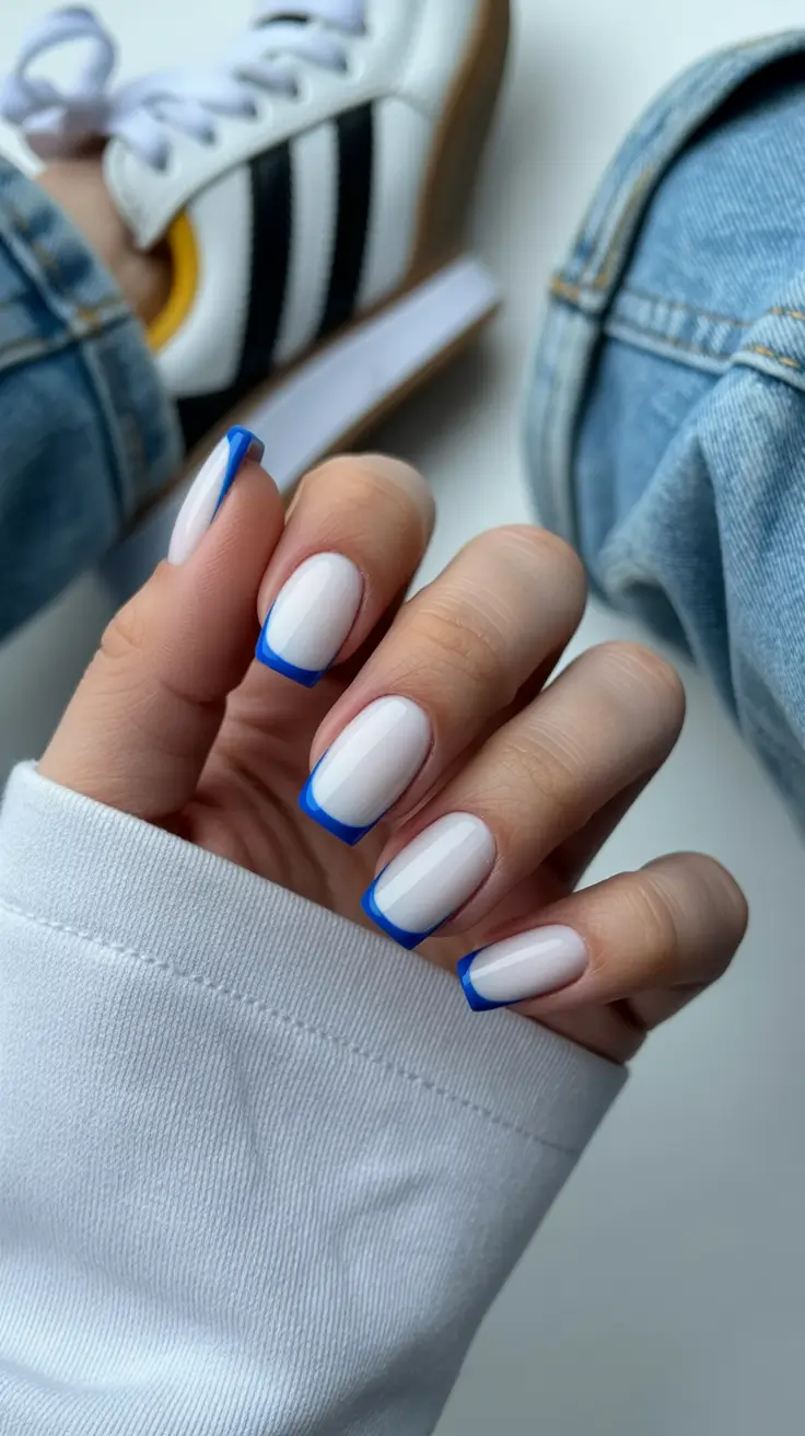 white spring nails Milky White Nails with Blue French Tips