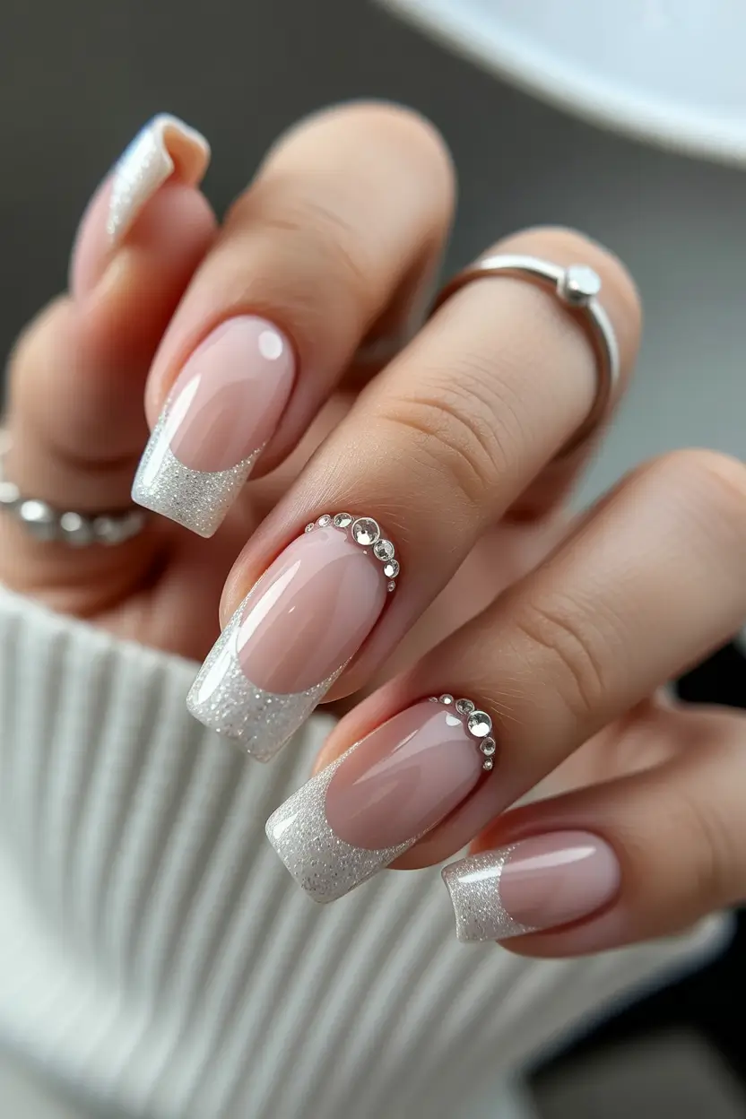 white spring nails Glitter French Square Nails with Rhinestone Details