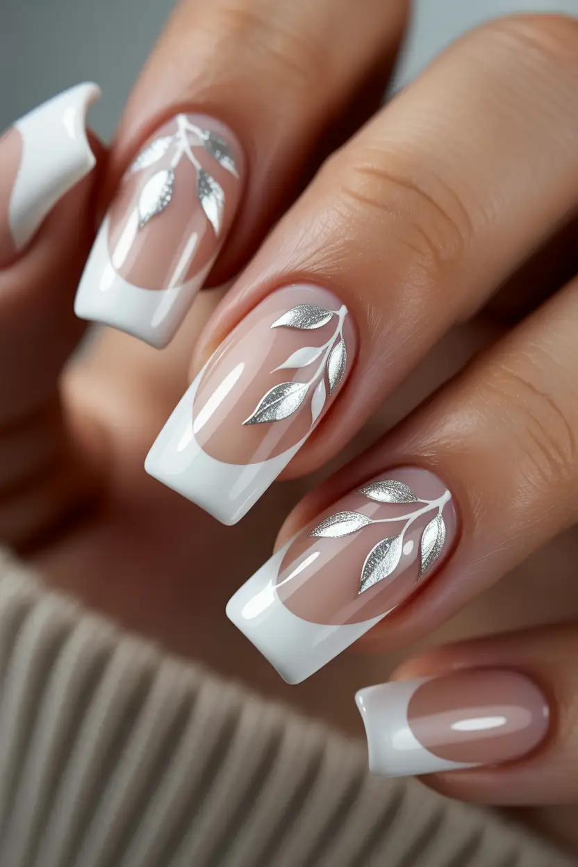 white spring nails Elegant White French Nails with Silver Botanical Accents