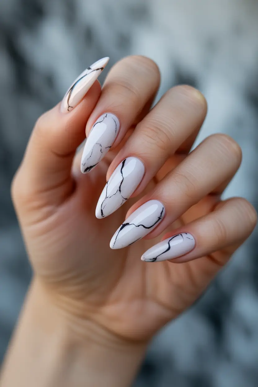 white spring nails Almond White Marble Nails with Black Veining