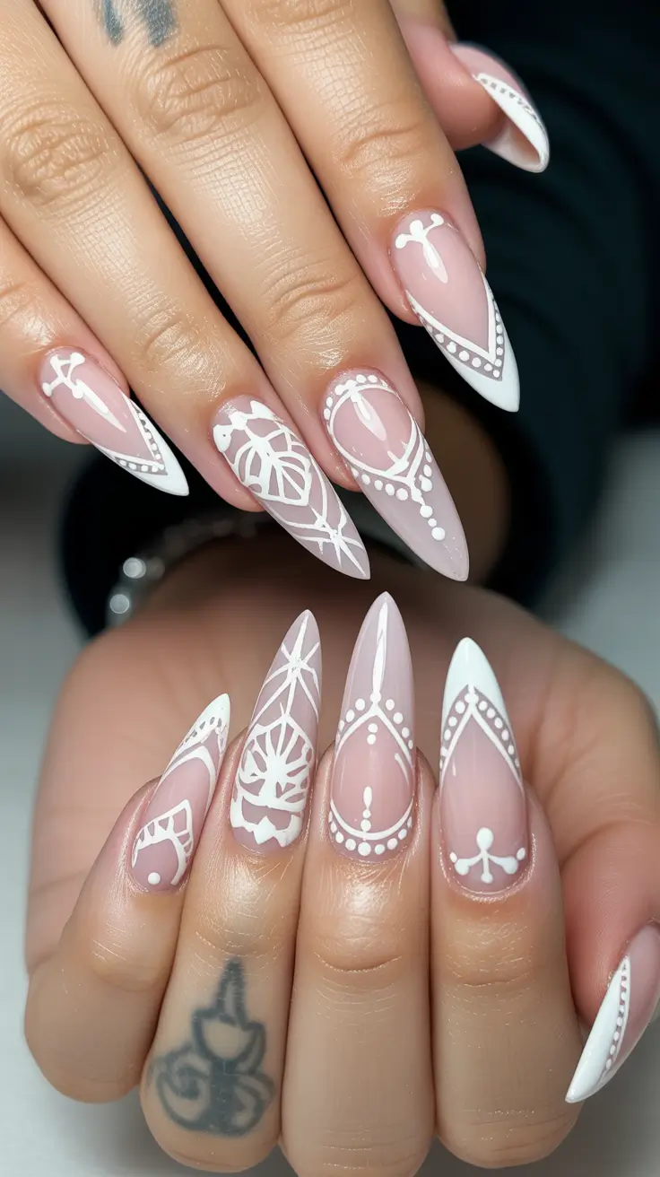white spring nails Intricate White Lace Stiletto Nails