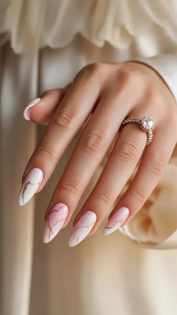 white spring nails Soft Pink and White Marble Nails with Gold Lines