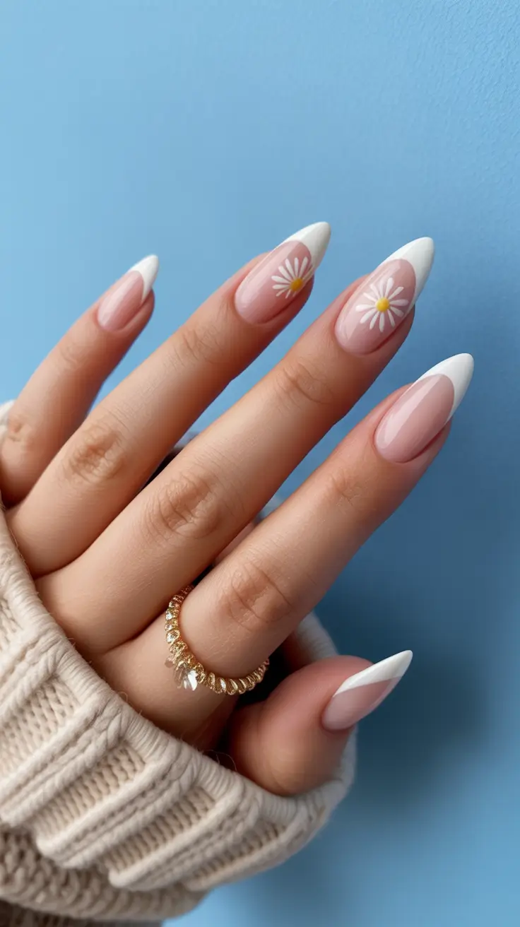 white spring nails Classic White French Nails with Daisy Flowers