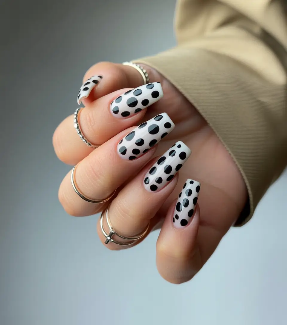 white spring nails Black and White Polka Dot Statement Nails
