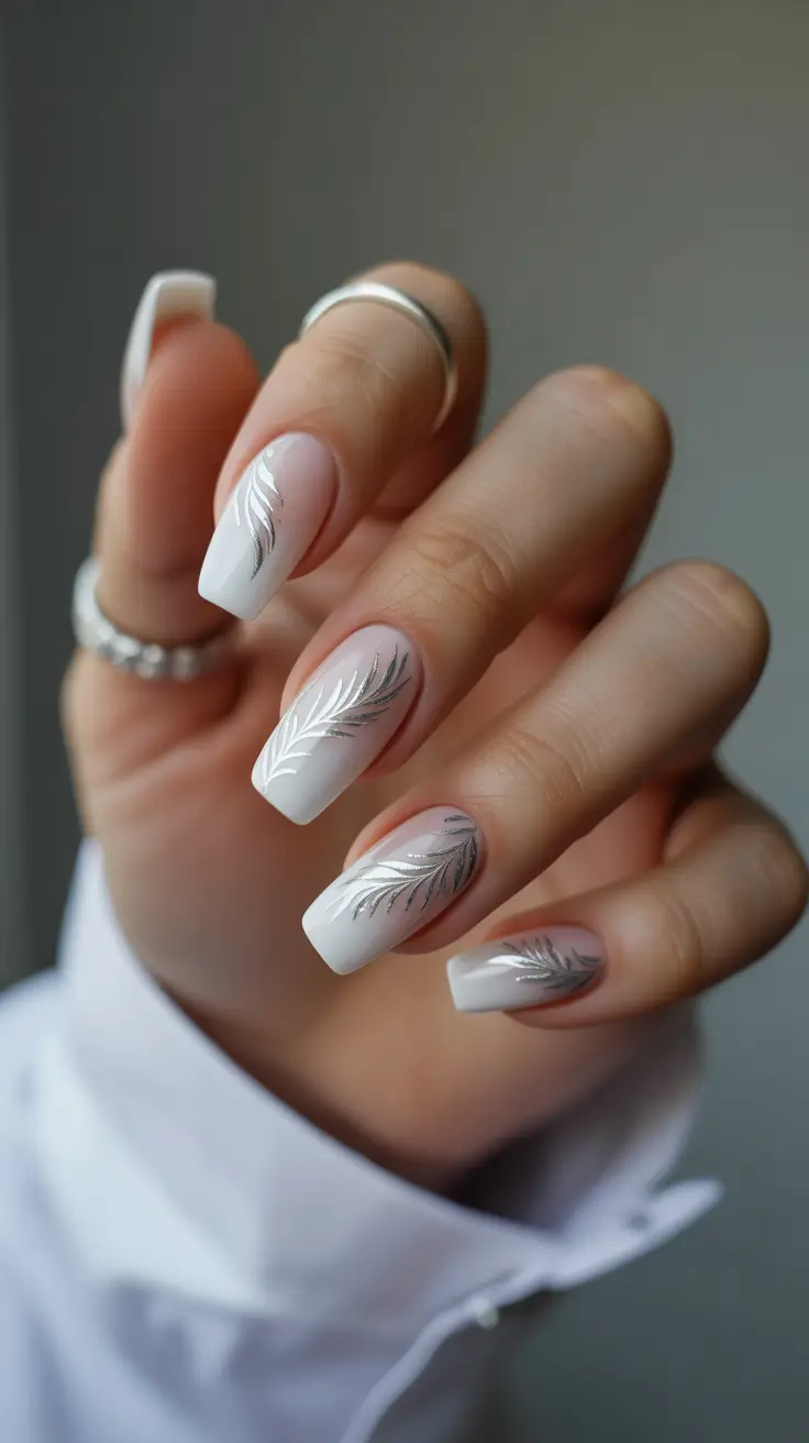 white spring nails Elegant White Nails with Silver Botanical Art