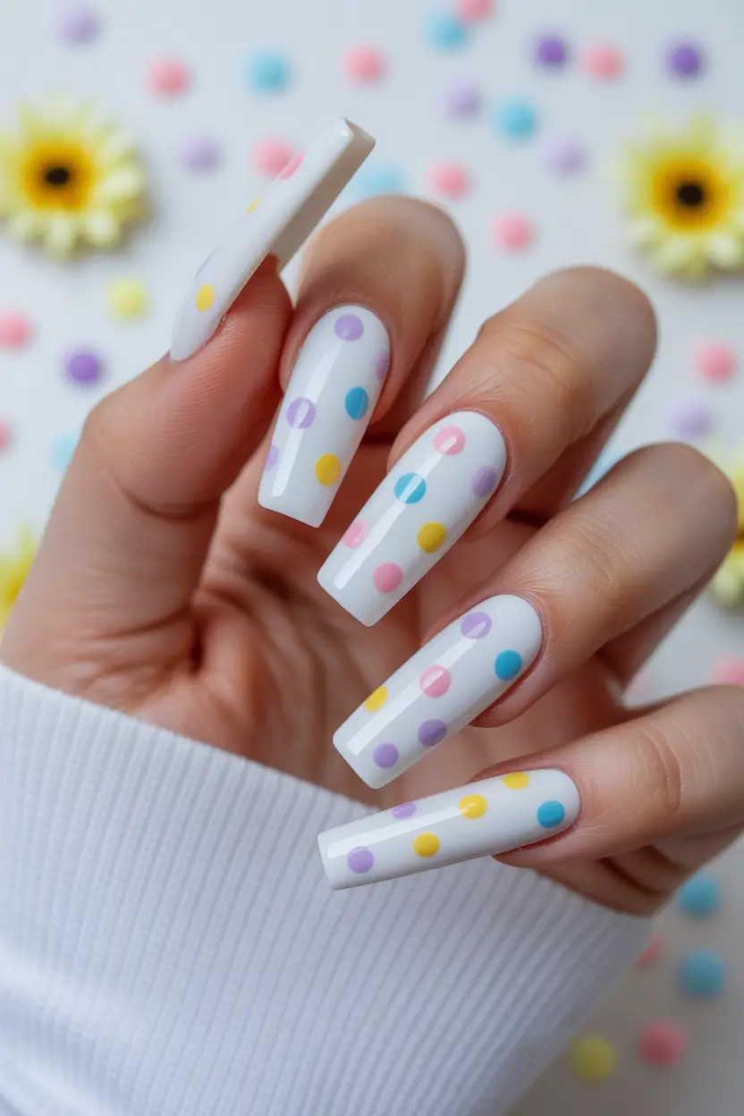 white spring nails Playful Polka Dot White Nails in Pastel Colors