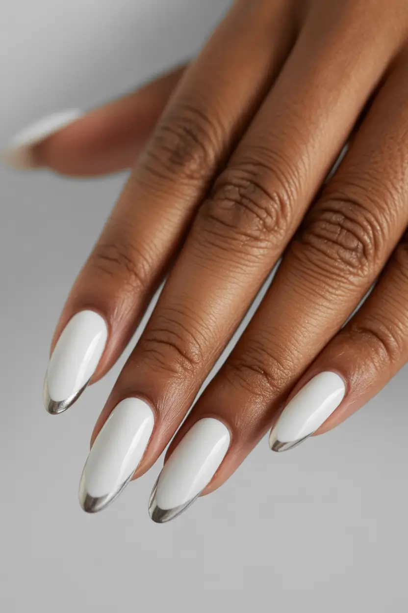 white spring nails White Nails with Metallic Chrome French Tips