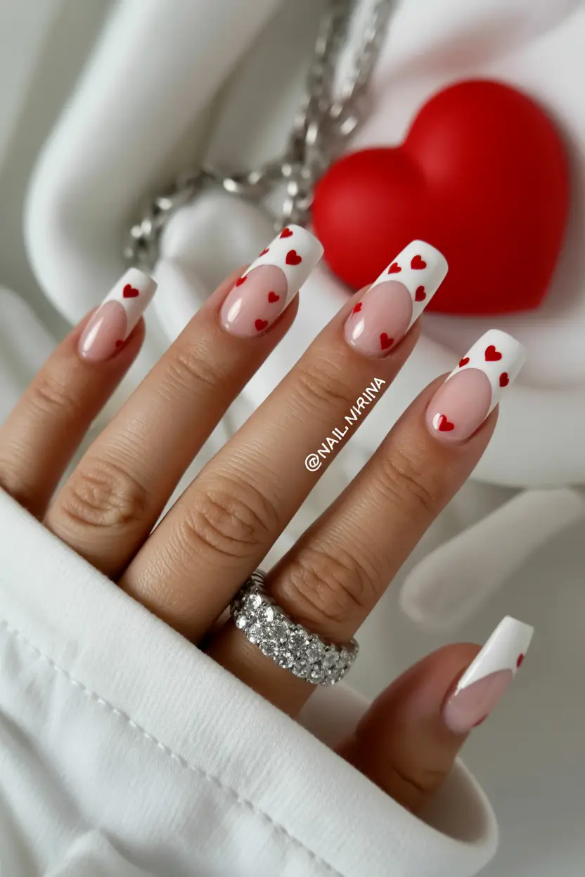 white spring nails Romantic White French Nails with Tiny Red Hearts