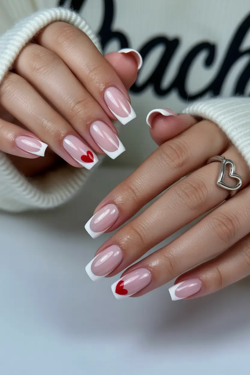 white spring nails Minimal French Nails with Tiny Red Heart Accent