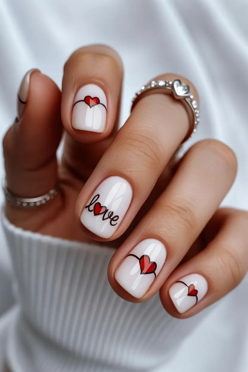 white spring nails Short White Nails with Love Letter Nail Art