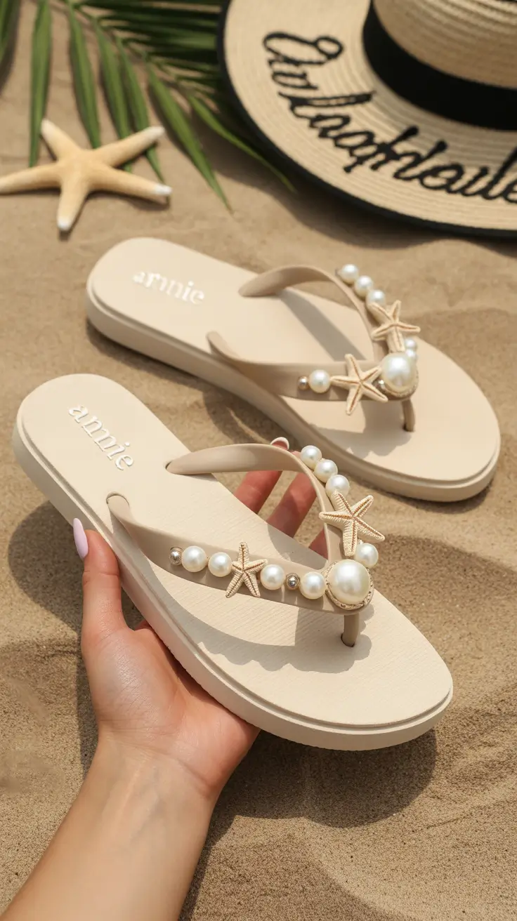 summer flip flops for women 2026 Beachy Pearl Flip Flops That Add A Soft Glow