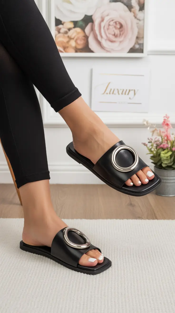 summer flip flops for women 2026 Minimal Black Slides With That Quiet Luxury Energy