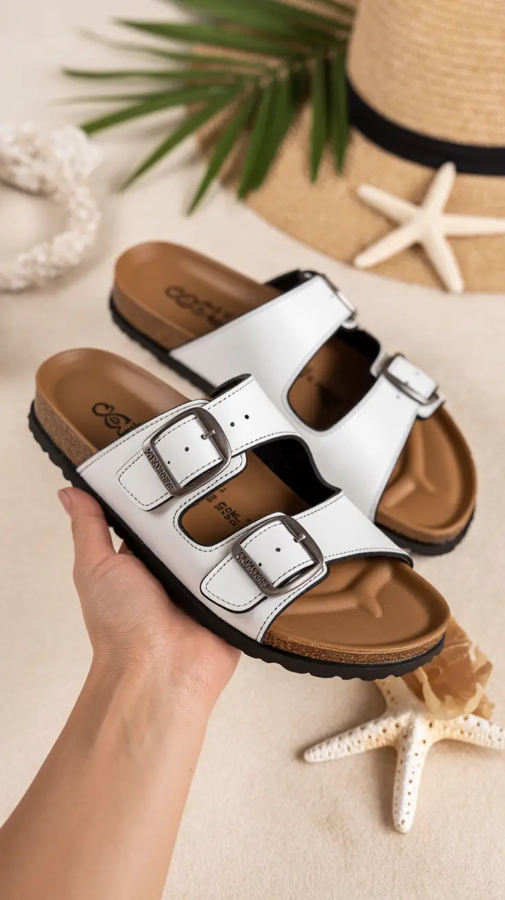 summer flip flops for women 2026 Classic White Buckle Slides That Always Work