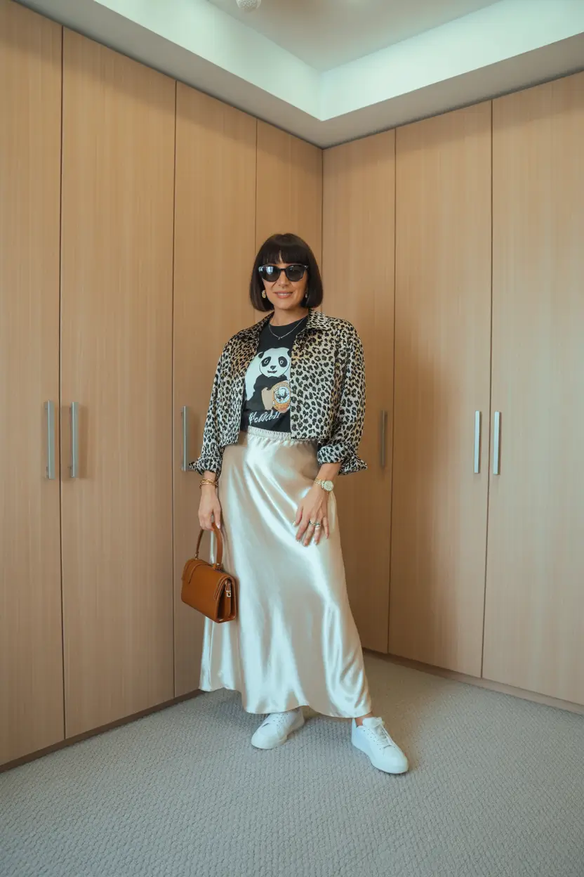 23 summer outfit for women over 40 2026 Silky Skirt Meets Graphic Tee - The New Casual Balance