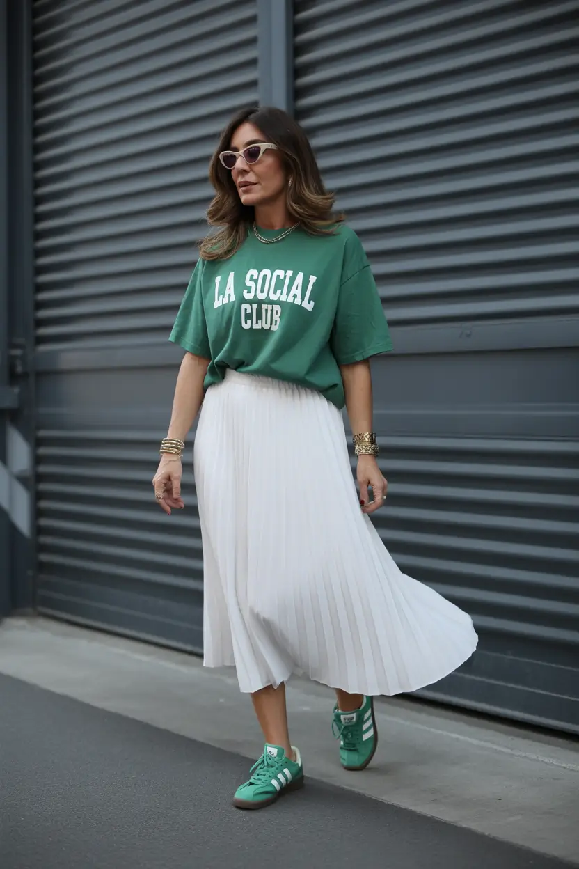 23 summer outfit for women over 40 2026 Graphic Tee and Pleated Skirt - Effortless Everyday Cool