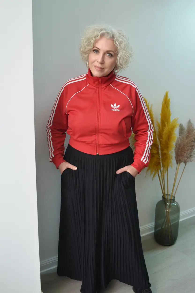 23 summer outfit for women over 40 2026 Sporty Red Jacket and Pleated Skirt - Bold Contrast That Actually Works