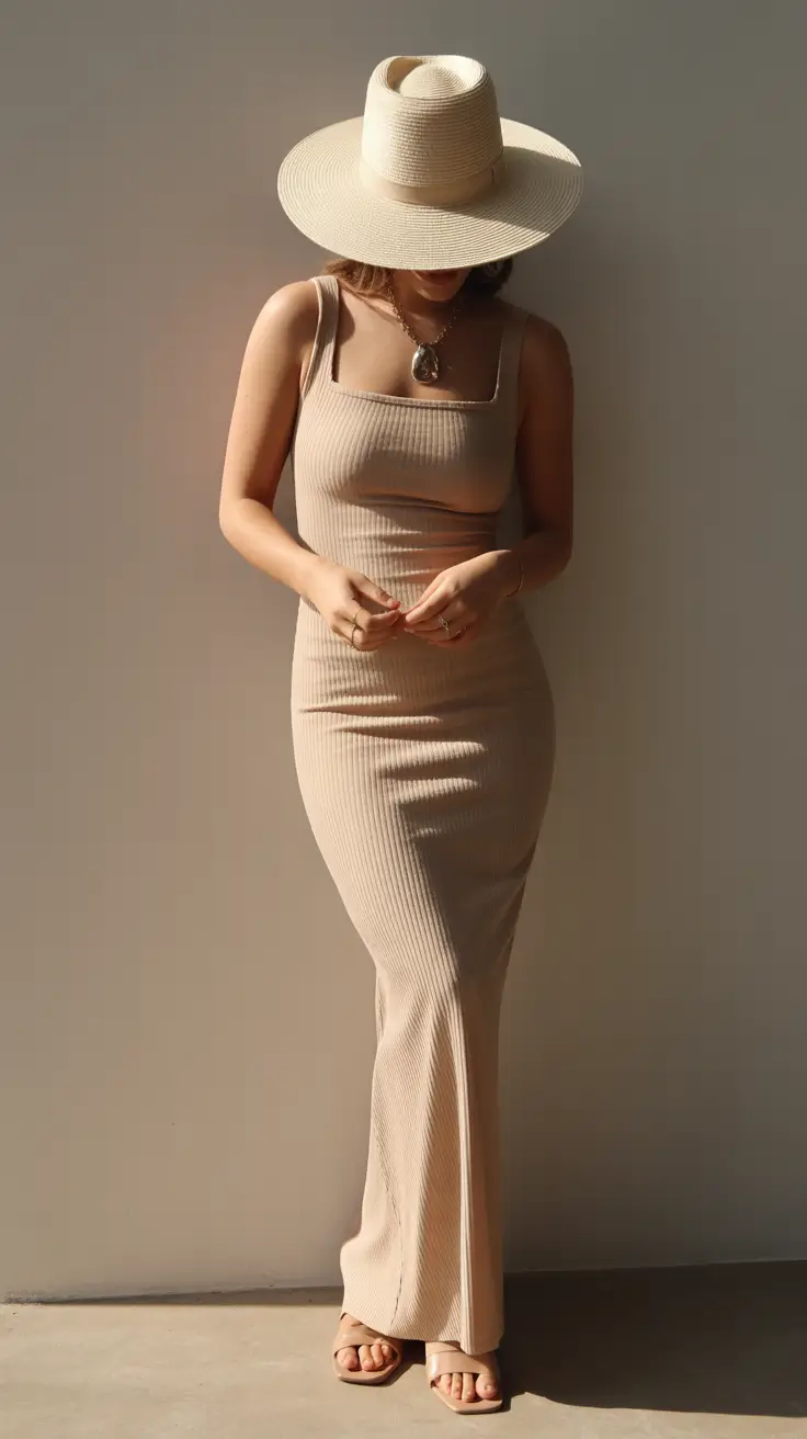 23 summer outfit for women over 40 2026 Neutral Maxi Dress and Straw Hat - Quiet Luxury Summer Ease