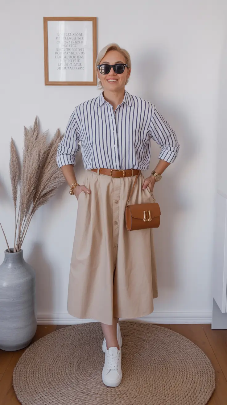 23 summer outfit for women over 40 2026 Striped Shirt and Midi Skirt - Fresh Classic with a Twist