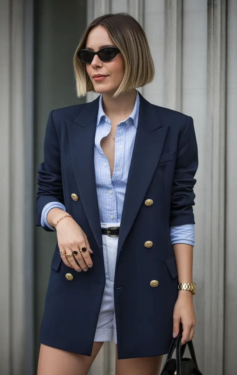 23 summer outfit for women over 40 2026 Navy Blazer and Shorts - Polished Summer Tailoring