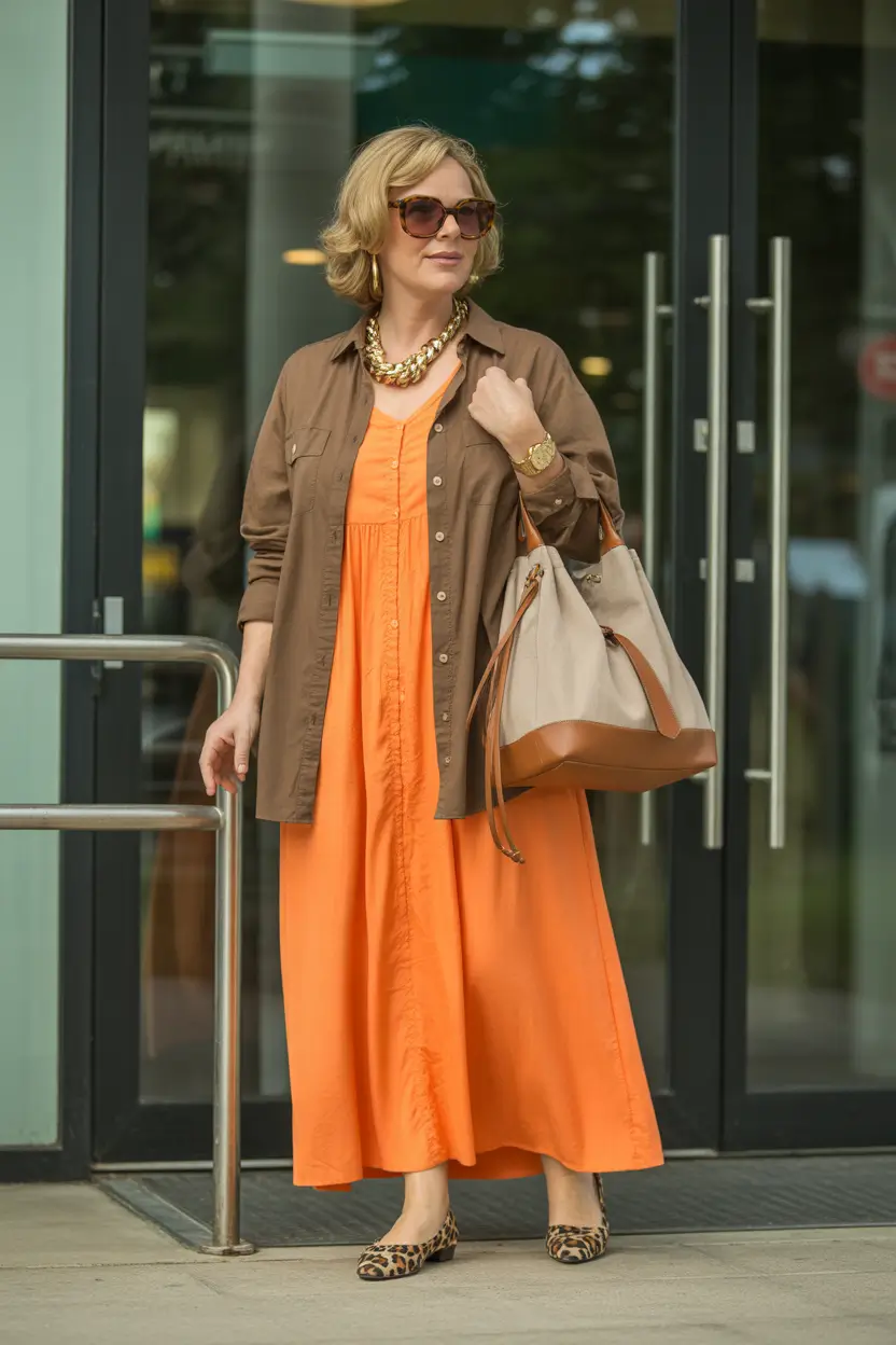 23 summer outfit for women over 40 2026 Orange Dress and Earthy Layers - A Warm Weather Statement
