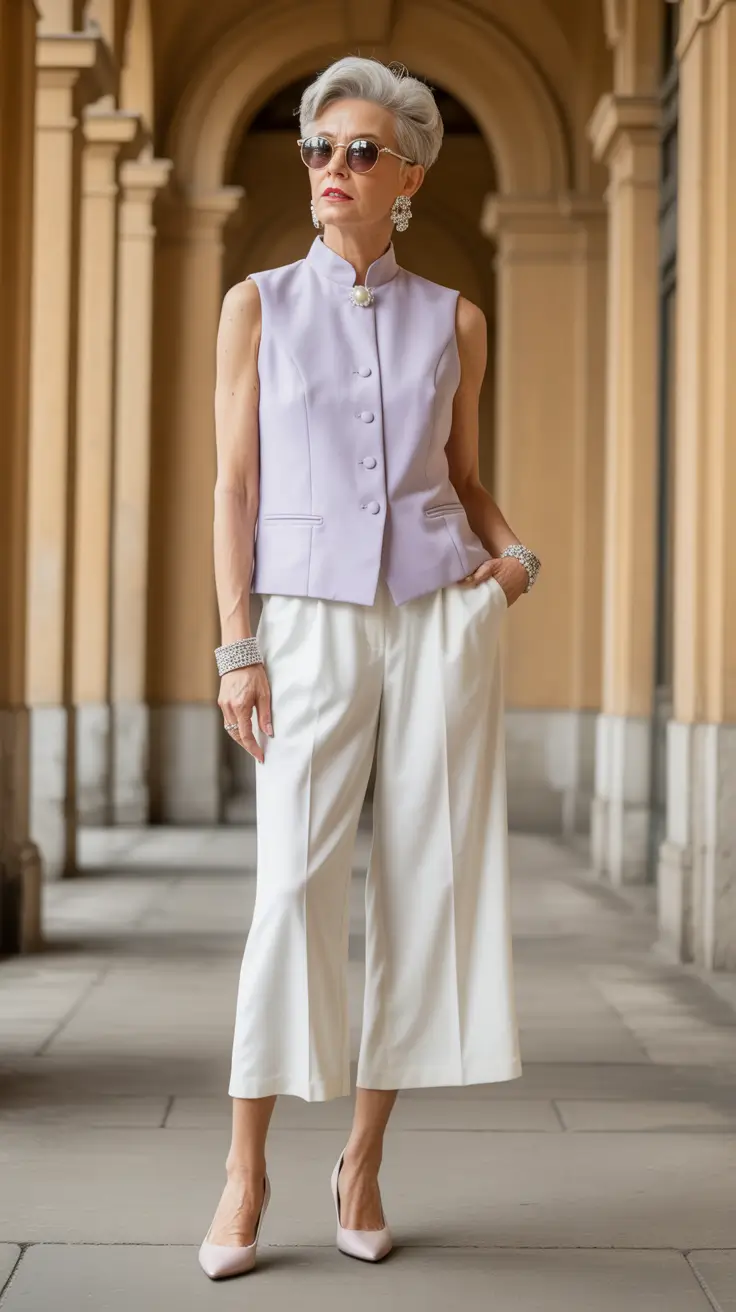 23 summer outfit for women over 40 2026 Soft Lavender Vest and Cropped Trousers - Modern Elegance Redefined