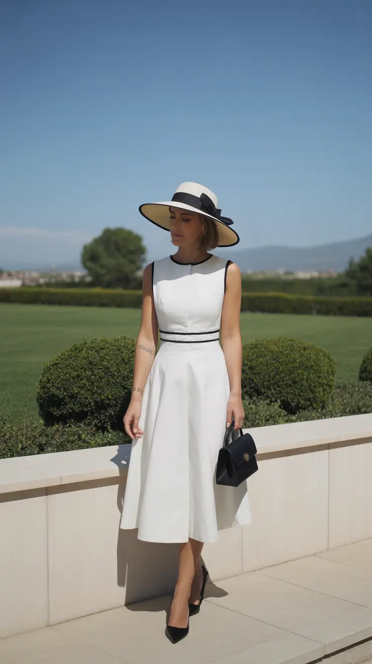23 summer outfit for women over 40 2026 White Fit-and-Flare Dress with Hat - Summer Event Perfection
