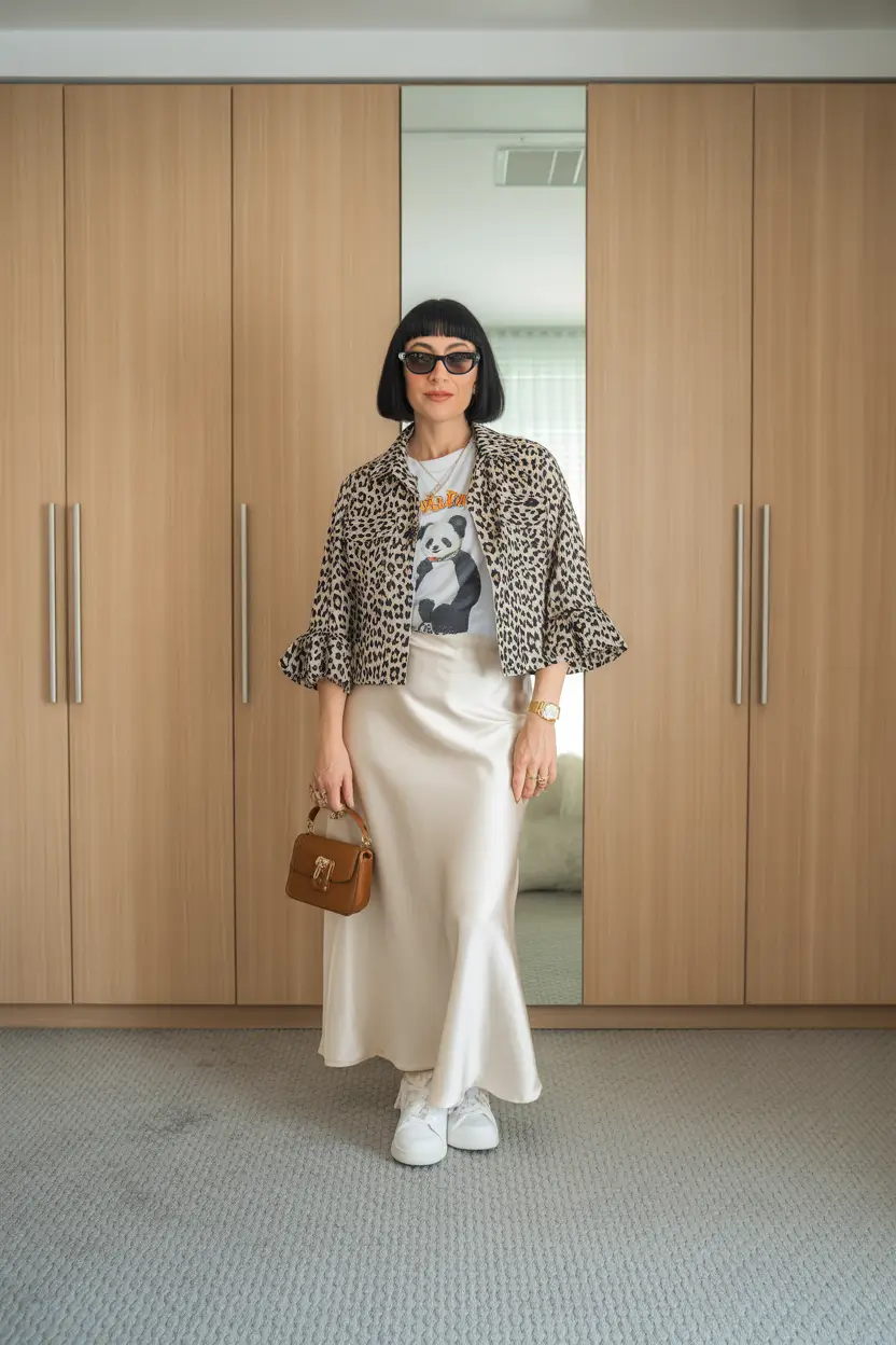 23 summer outfit for women over 40 2026 Leopard Jacket and Satin Skirt - Elevated Everyday Style