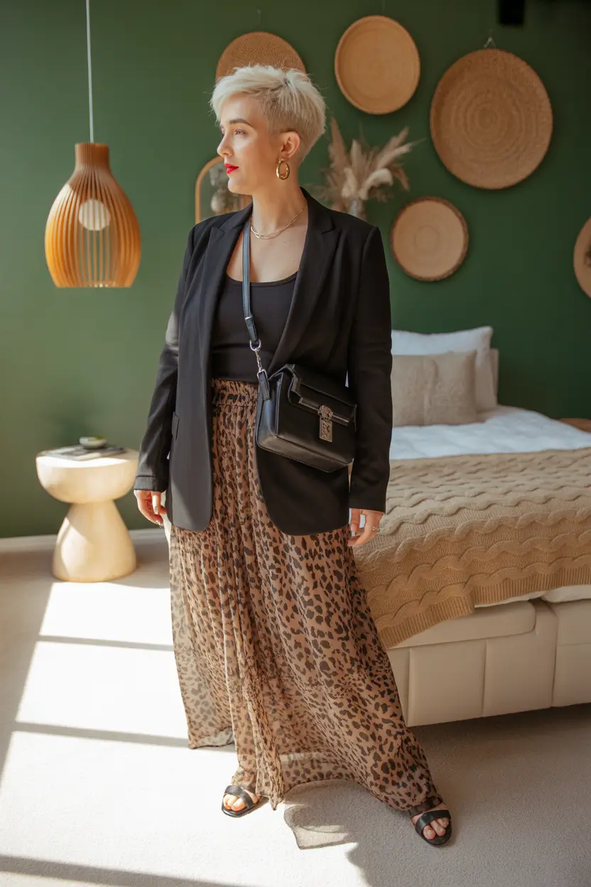 23 summer outfit for women over 40 2026 Black Blazer and Leopard Maxi - Modern Chic with Edge