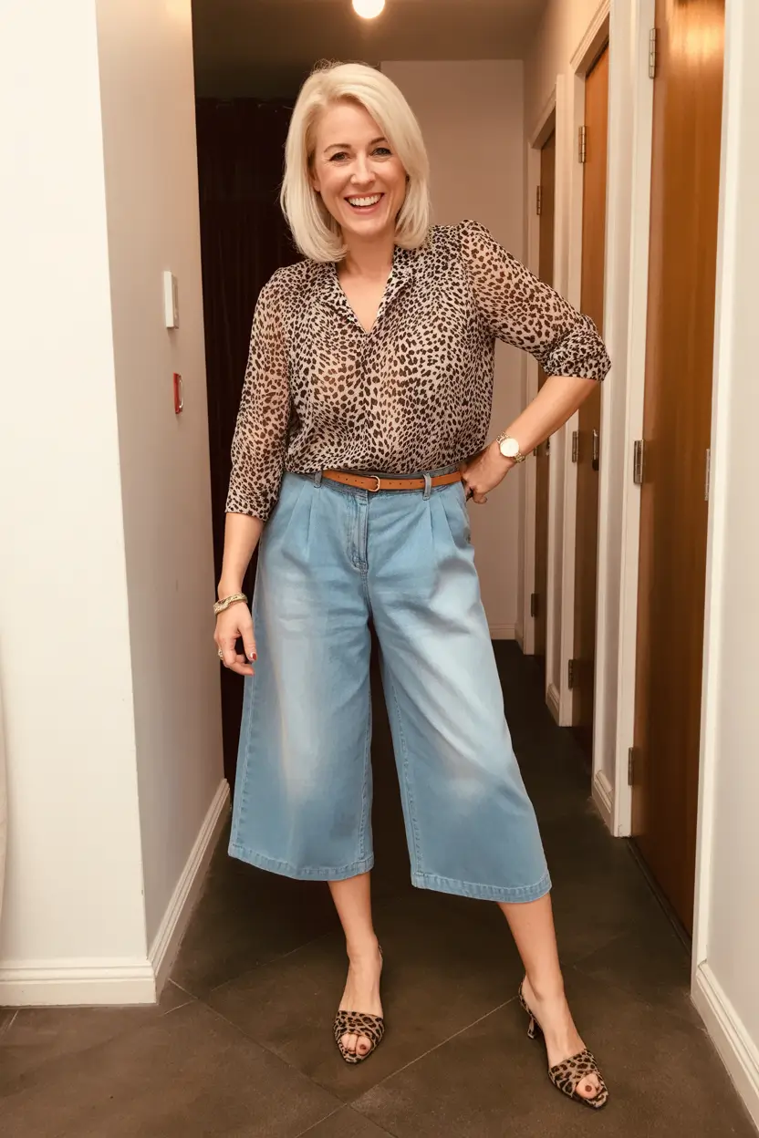 23 summer outfit for women over 40 2026 Leopard Blouse and Wide-Leg Denim - Relaxed Confidence Done Right