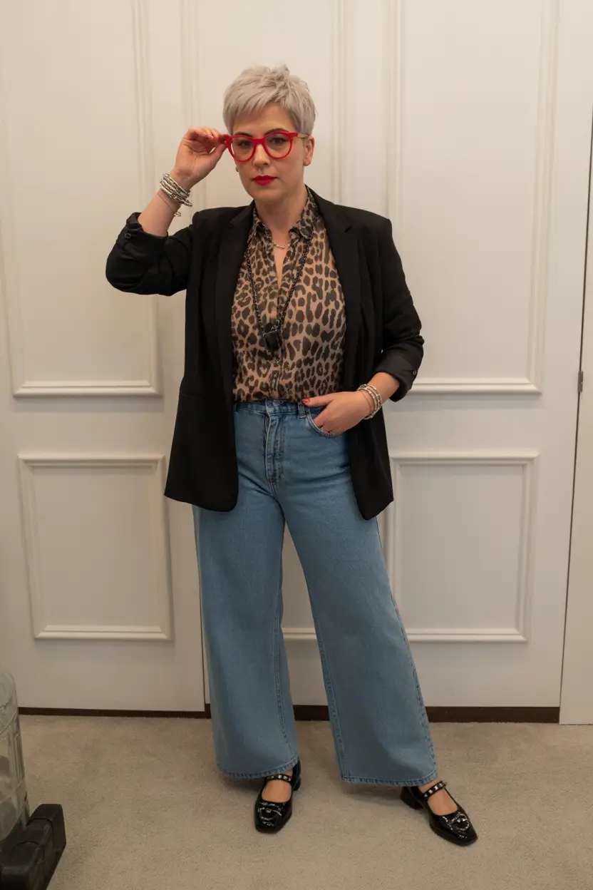 23 summer outfit for women over 40 2026 Black Blazer and Denim with Bold Glasses - Quiet Power Dressing