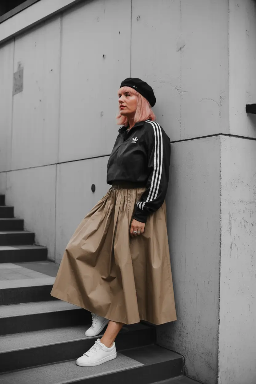 23 summer outfit for women over 40 2026 Sporty Jacket and Full Skirt - Unexpected Street Style Mix