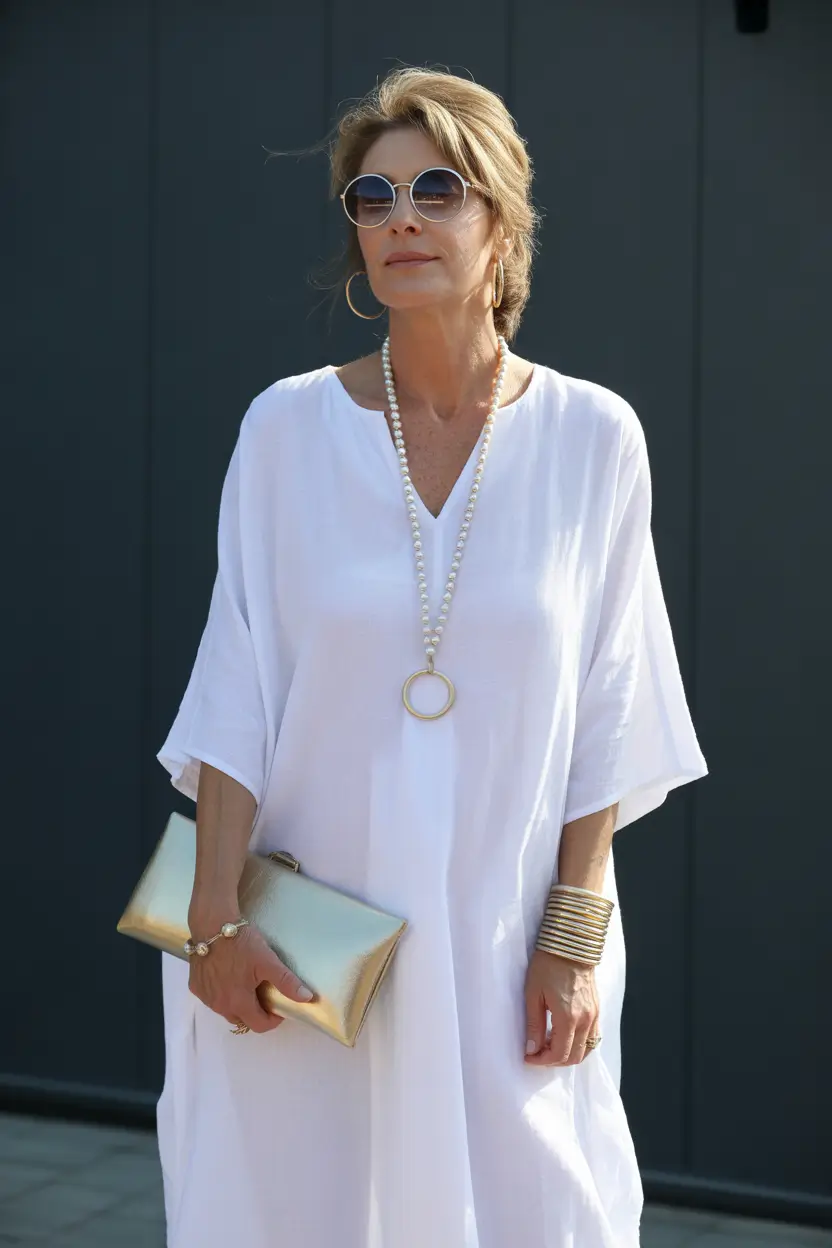 summer outfit for women over 60 2026 All White Elegance with Statement Accessories That Elevate Everything