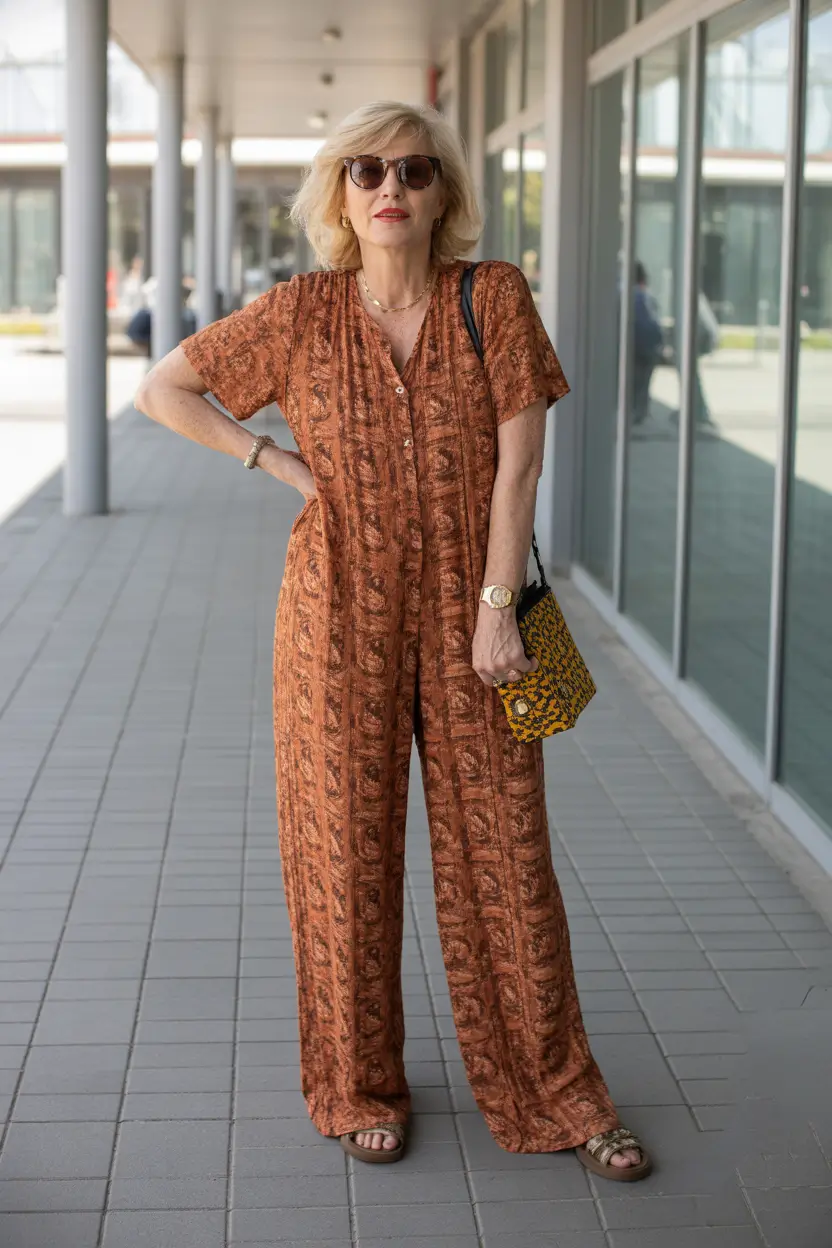 summer outfit for women over 60 2026 Earthy Prints and Relaxed Jumpsuits That Feel Bold Yet Grounded
